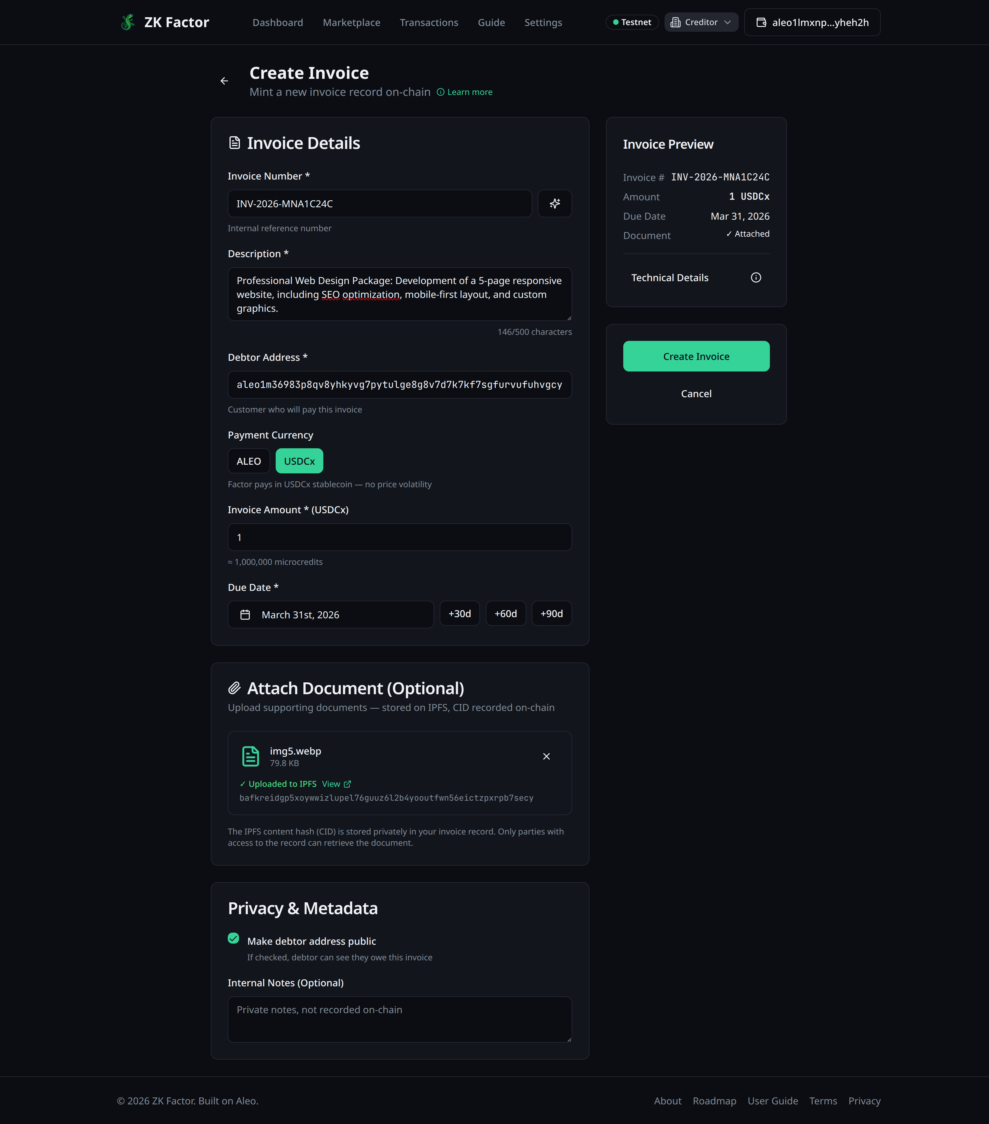 Invoice creation form